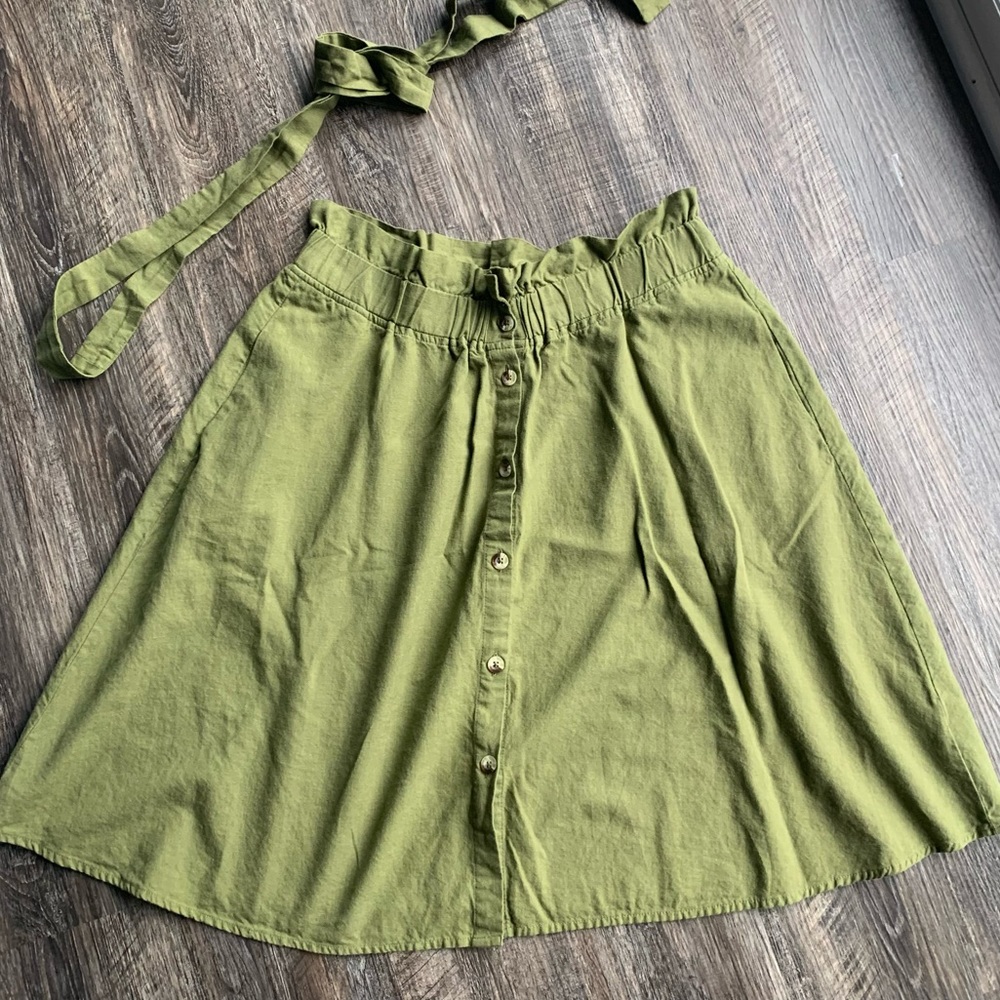 Lev Apparel Isthmus Skirt - paper bag waist - mid length - olive green - belt